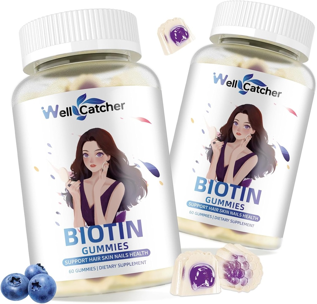 Biotin Gummis für Haarwachstum - Biotin Gummis für starke Haar Nagelhaut mit Multivitamin Sugar Free Vegan Chewable Hair Growth Gummy für Damen Kinder Blaubeer Flavored 60-Day Supply