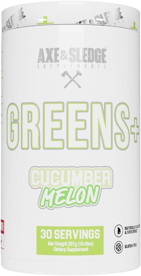 Axe & Sledge Greens+ Superfood Powder | Grüns Saft, Probiotika, Verdauungsenzyme, Ashwagandha, Kokosnuss-Wasser-Pulver | Natürlich aromatisiert & Sweetened, 30 Portionen, Plus V2 Gurkenmelone
