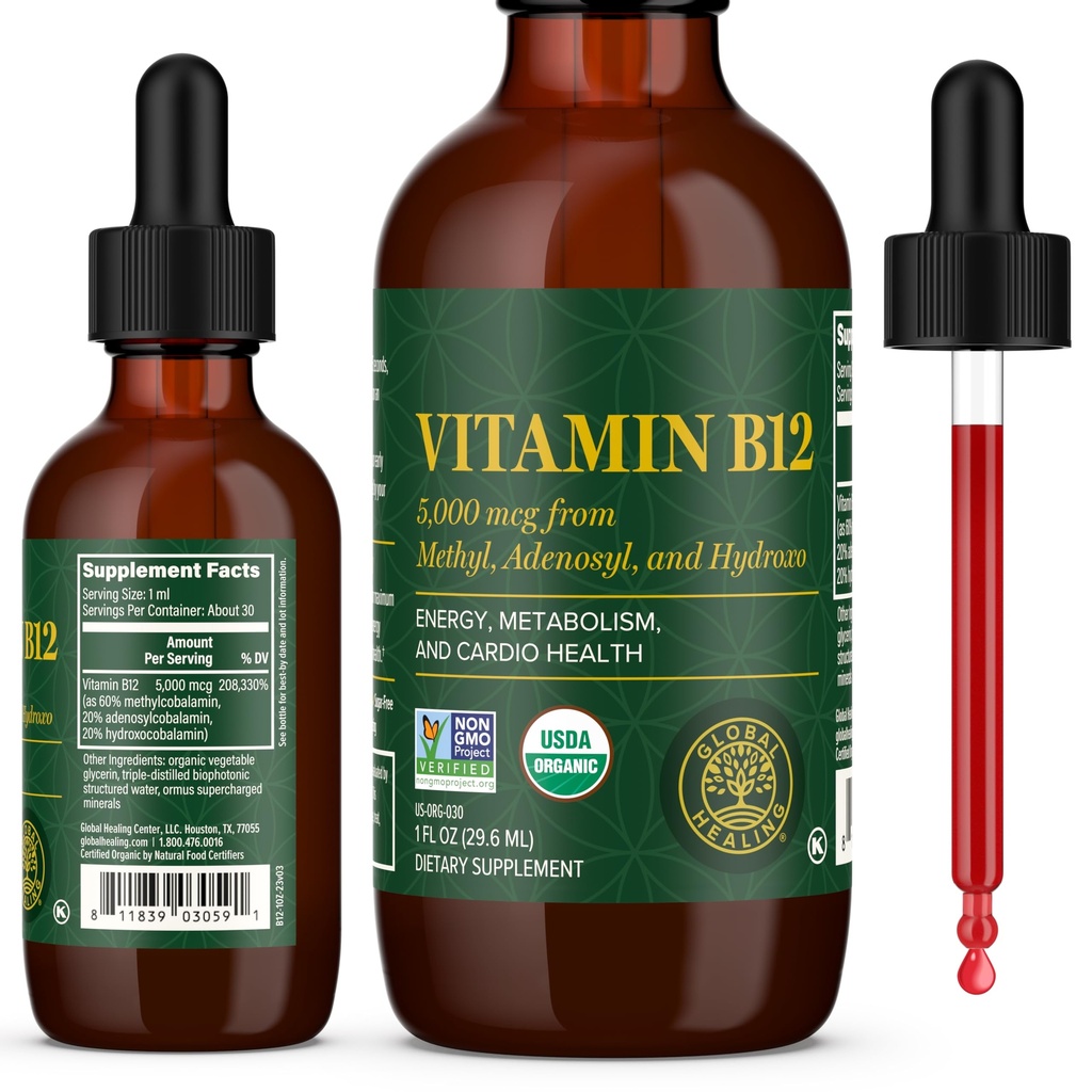 Centre mondial de guérison - Vitamine B12 Supplément liquide organique sublingual 5000 MCG, méthylcobalamine, adénosylcobalamine, hydroxo Énergie durable et métabolisme sain - Vitamines végan B12 (1 Oz)