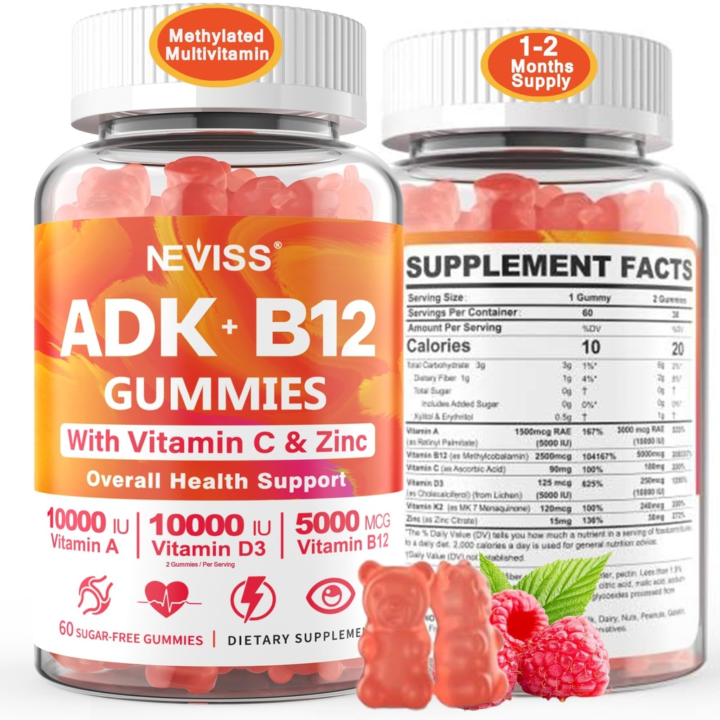 Methylierte Multivitamin Frauen Männer, Vitamin D3 K2 5000IU / 10,000IU, B12 5000 mcg 2500mcg, K2 (MK-7) 240mcg- ADK+Methyl Vitamin B12, Vegan D3,Vitamin A,C,Zinc Eye,Bone,Energy,Immun, Sugar-Free Gummis