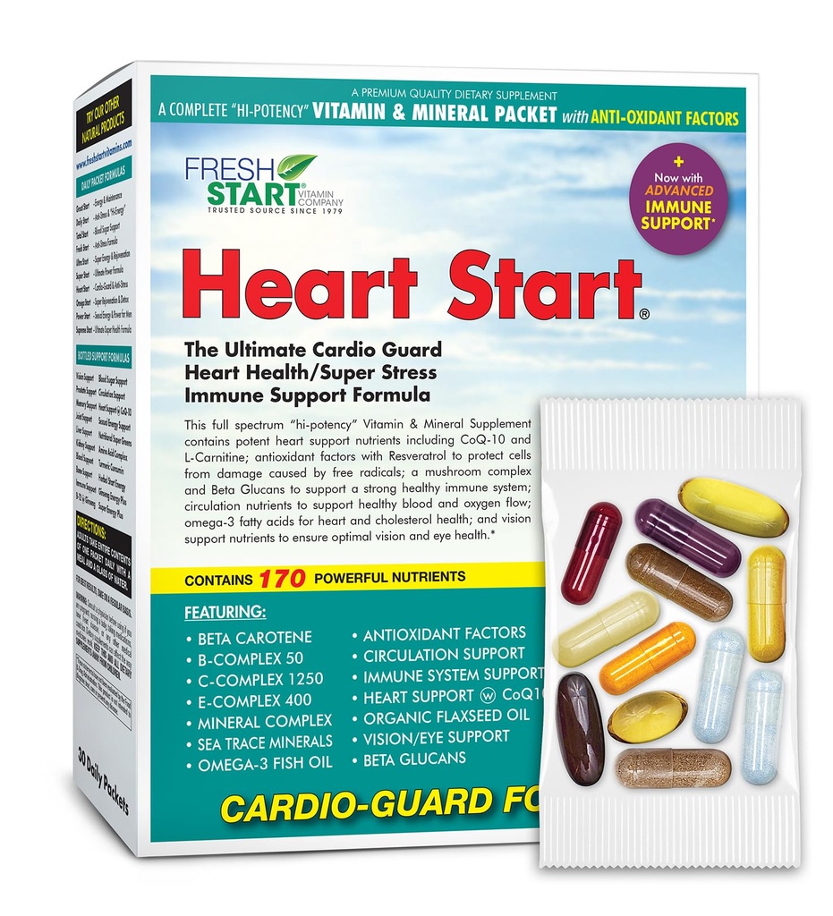 Herz Start Vollständige tägliche Vitamin-Pack | Herzunterstützung & Immun Booster | Vitamin A, B, C, D, E, Mineralien, Elderberry, Beta Glucans, Omega-3, CoQ-10, Quercetin, Resveratrol (30 Packungen)