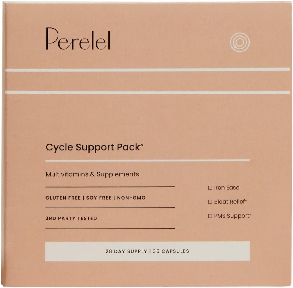 Perelel Cycle Support Pack, Tägliche Ergänzung mit Eisen, Vitamin C, B12 & Bloat und PMS Support Blend, Soy, Dairy & Glutenfrei, Non GMO, 28 Tage Versorgung