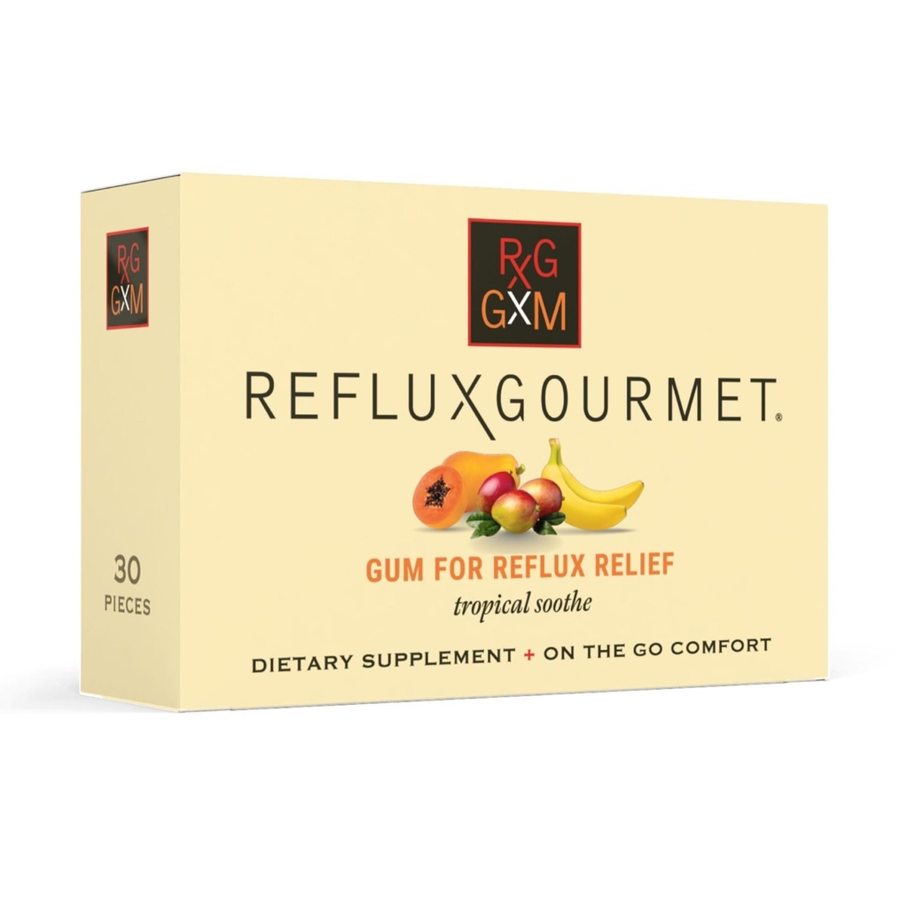 Reflux Gourmet Tropical Soothe Gum Alginate Therapy Sodium Bicarbonat Gum für Säure Reflux, oral, kognitiv und Verdauungsunterstützung, Natürlich mit Ingwer, Celeriac, Aloe, Zuckerfrei, Glutenfrei, Vegan