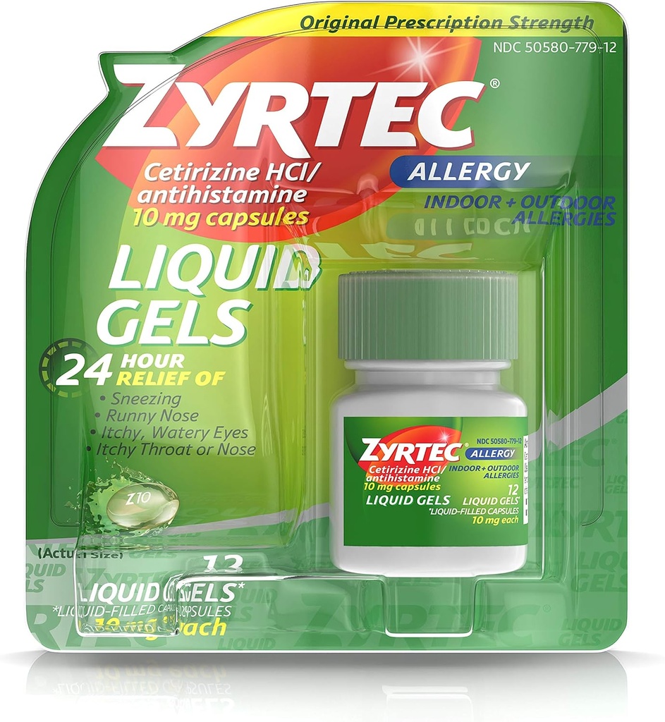 Zyrtec 24 Hour Indoor & Outdoor Allergy Liquid Gels, Antihistamin Kapseln mit Cetirizine Hydrochlorid für All-Day Allergy Relief, 12 ct (Pack von 2)