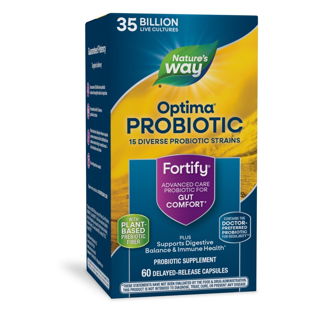 Nature's Way Fortify Optima Probiotic pour les adultes, 35 milliards de cultures vivantes, 15 souches, soutient l'équilibre digestif et la santé immunitaire*, sans réfrigération nécessaire, 60 capsules (paquetage mai vary)