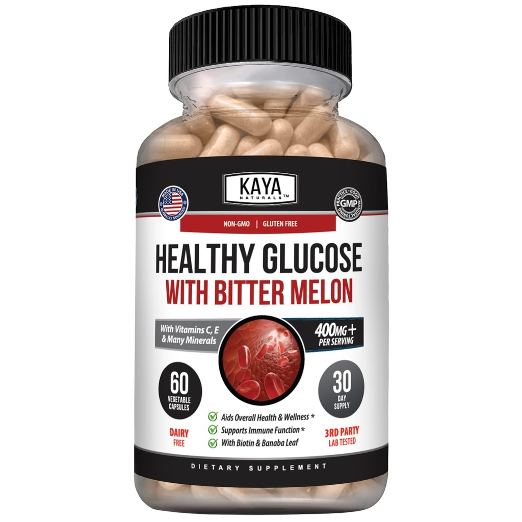 Kaya Naturals Gesundes Gluco mit Bittermelon-Ergänzung | Unterstützt gesunde Niveaus und Funktion, 20 Kräuter Vitamine und Mineralstoffe, Alpha Lipoic Acide, Cinnamon, Vitamin C & E, Non-GMO (60 Count)