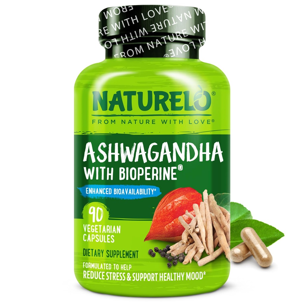 NATURELO Ashwagandha Bio-Root-Pulver - Natürliche Kräuter Ergänzung für Fatigue, Relief Stress, Mood Enhancer - mit Schwarz Pfeffer Extrakt - 90 Vegan Kapseln