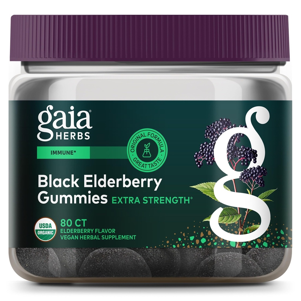 Gaia Herbs Black Elderberry (Sambucus Nigra) Extra Strength Gummis - Delicious Immun Support Supplement - Made with Certified Organic Black Elderberries for Immune System Support - 80 Gummis