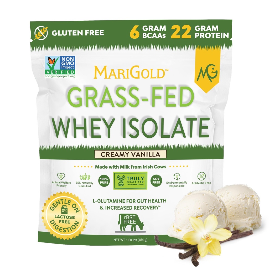 MariGold Gras gefüttert Whey Protein Isolate Powder - Creamy Vanilla Flavor - 1 Lb Bag | 100% rein, kalthergestellt, mikrogefiltert, ungesättigt, Non-GMO, rBGH Free, Soy Free, Glutenfrei, Lactosefrei
