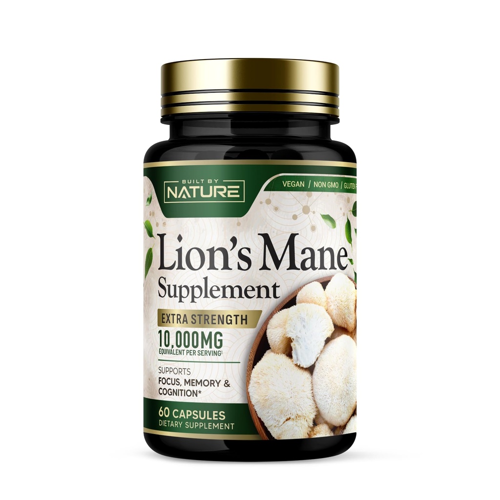 Construit par la nature Lion.Mane 10 000mg – Supplément de champignons de force supplémentaire pour le soutien du cerveau nootrope – Focus, mémoire et fonction cognitive – Non-OGM, sans gluten, végétalien - 60 capsules