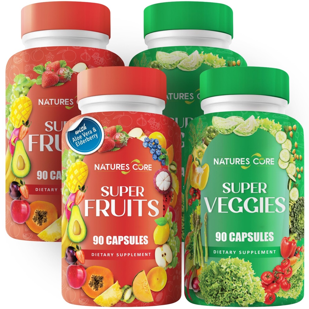 Nature's Core Fruit and Veggie Supplement - 360 Capsules - 100% Whole Super Fruit and Vegetable Vitamin, Made in USA, Soy Free, Vegan, Capsule Form - 90 Count (Pack of 4)