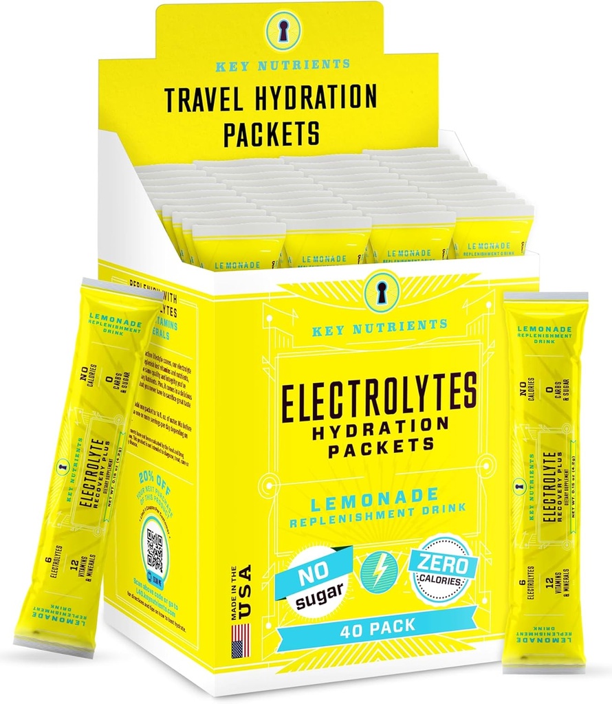CLÉS NUTRIENTS Électrolytes multivitamines Packs d'hydratation - Rafraîchissant Lemonade post entraînement et récupération 40 Pack - Pas de sucre, Pas de calories - Poudre d'hydratation de voyage