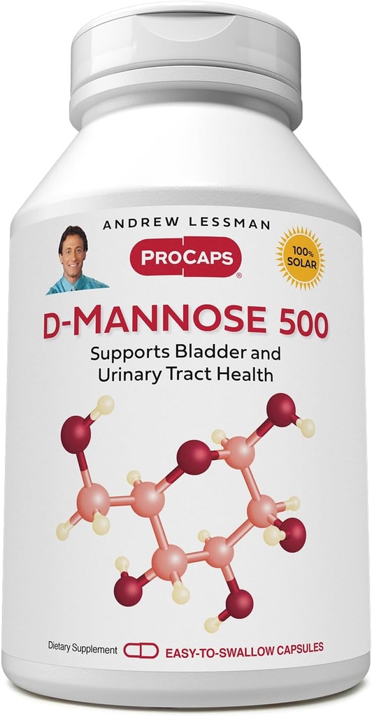 ANDREW LESSMAN D-Mannose 500mg - 60 Capsules - Soutient la santé des baudriers, des reins et des urines. Pure, non-OGM D-Mannose. Pas d'additifs. Petites capsules faciles à avaler