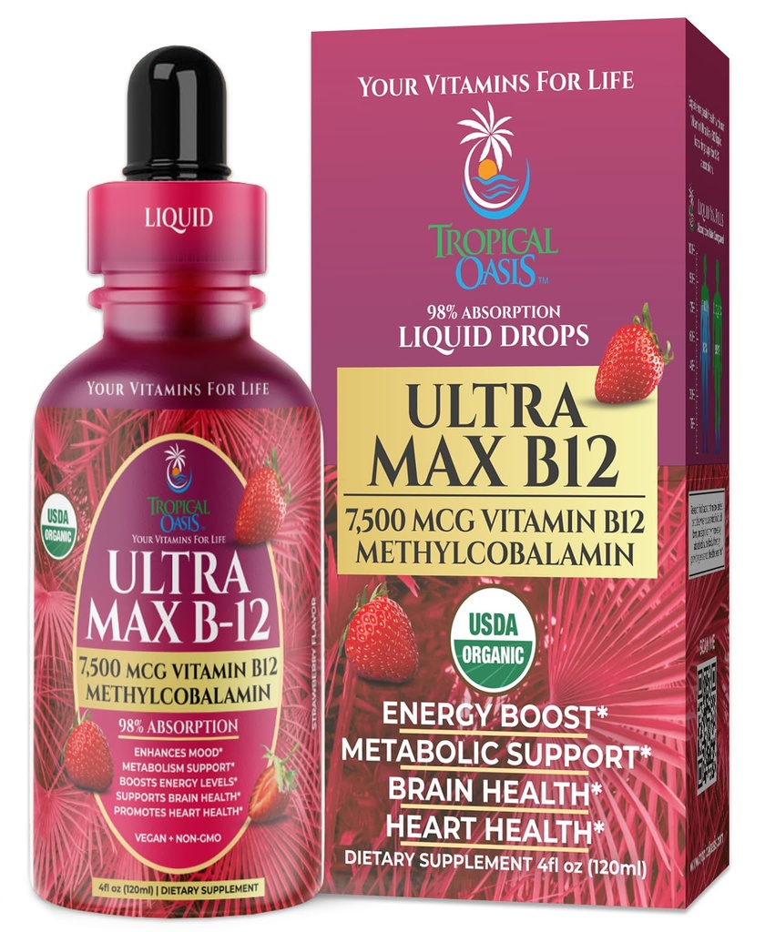 USDA Organic Ultra Max B12.00mcg Superdose 7500mcg Vitamine B12 gouttes liquides B12 comme méthylcobalamine... Max 98% Taux d'absorption....
