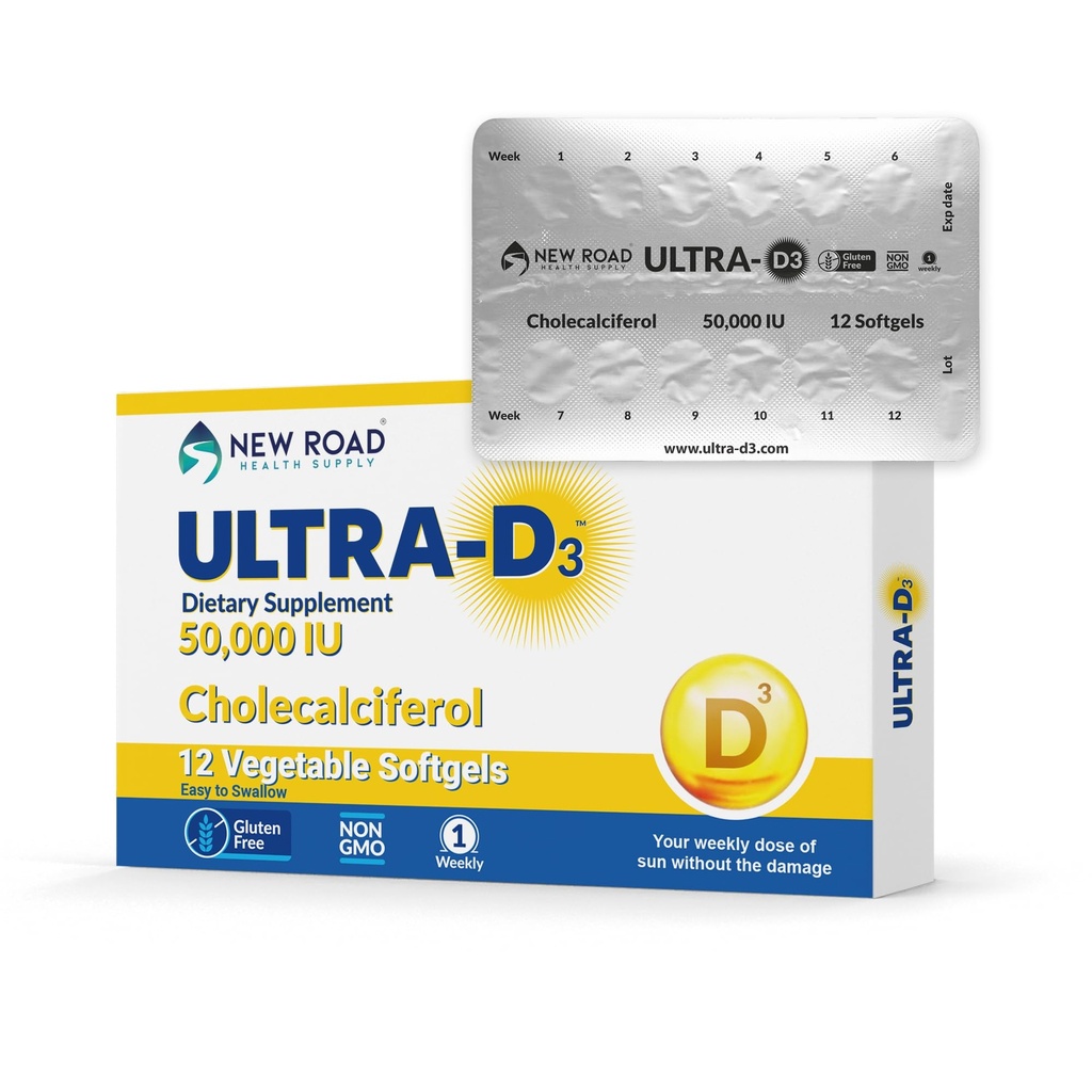 New Road Health Supply, Vitamine D3 à haute puissance 50 000 UI, softgel une fois par semaine, soutient la santé osseuse, des dents et immunitaire, facile à avaler, sans gluten, 12 comte