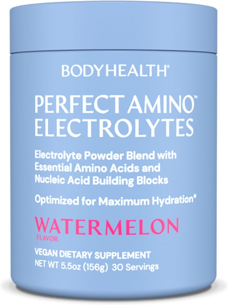 BodyHealth PerfectAmino Electrolytes Poudre Sans Sucre, Sans Sucre Keto Electrolytes à jeun Mélange de boisson, Poudre d'hydratation avec Trace Minerals - Pastèque - 30 portions