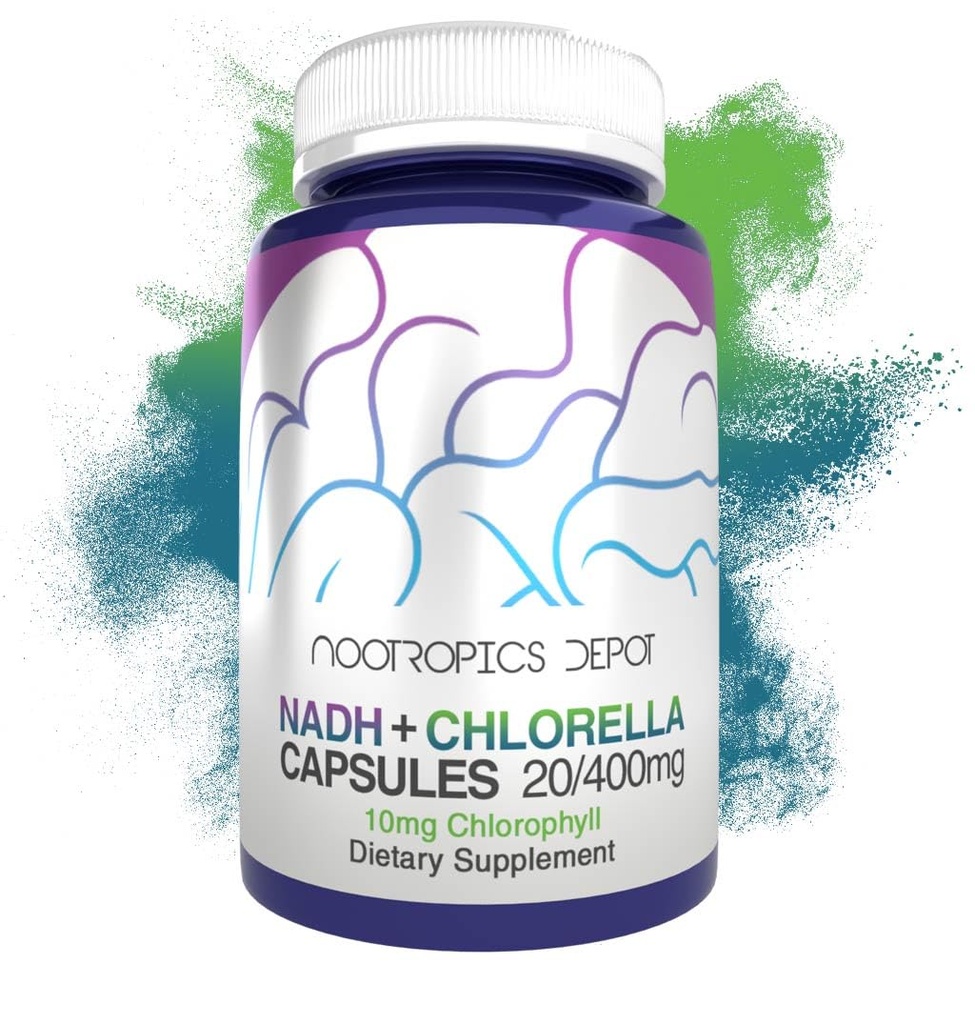 Nootropics Depot NADH + Chlorella vulgaris (Broken Cell) 400mg Kapseln | Nicotinamid Adenine Dinucleotid 20mg | Chlorophyll 10mg | Energie, Alertness, Mental Clarity & Healthy Aging, 30 Count