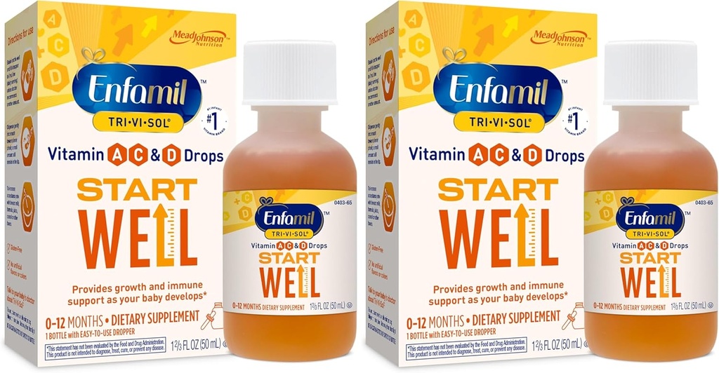 Enfamil Prénatals et vitamines pour bébés Tri-Vi-Sol Vitamine A, C et D gouttes multivitamines pour nourrissons, soutient la croissance et la santé immunitaire, 50 mL Bouteille goutteuse, 1,69 Fl Oz (paquet de 2),MJ-030