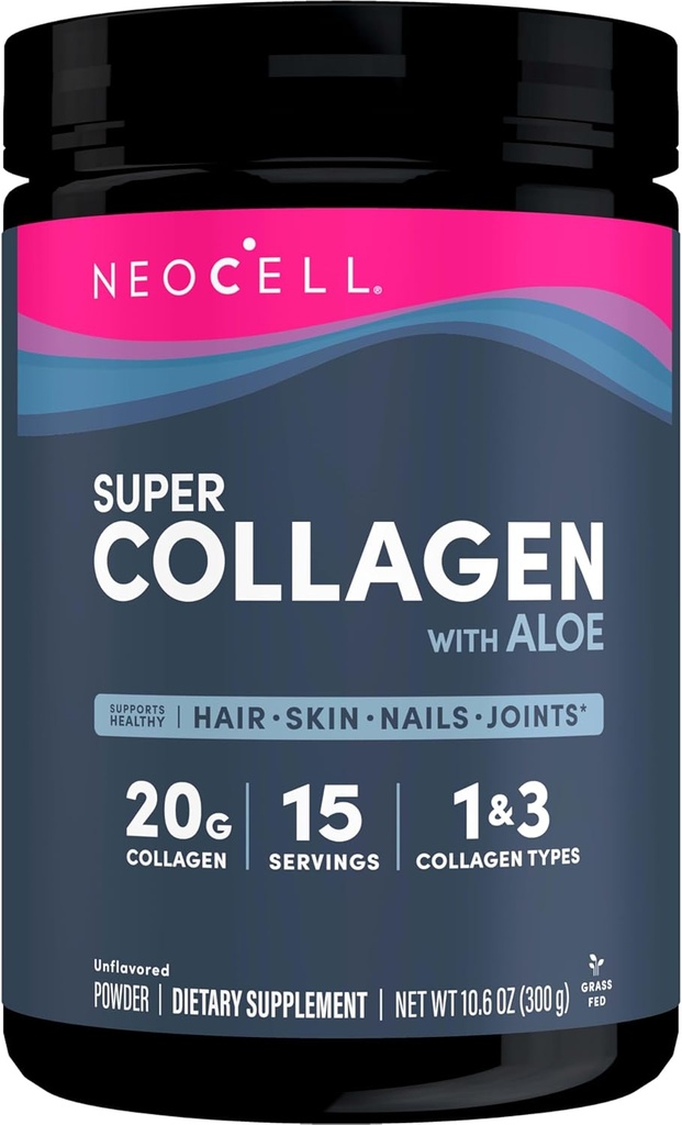 Neocell Super Collagen mit Aloe; Collagen Typ 1 und 3; Unterstützt gesundes Haar, Haut und Nägel; Glutenfrei; Unflavored Powder; 10 g Collagen/Serving; 30 Servietten; 10.6 Oz,*