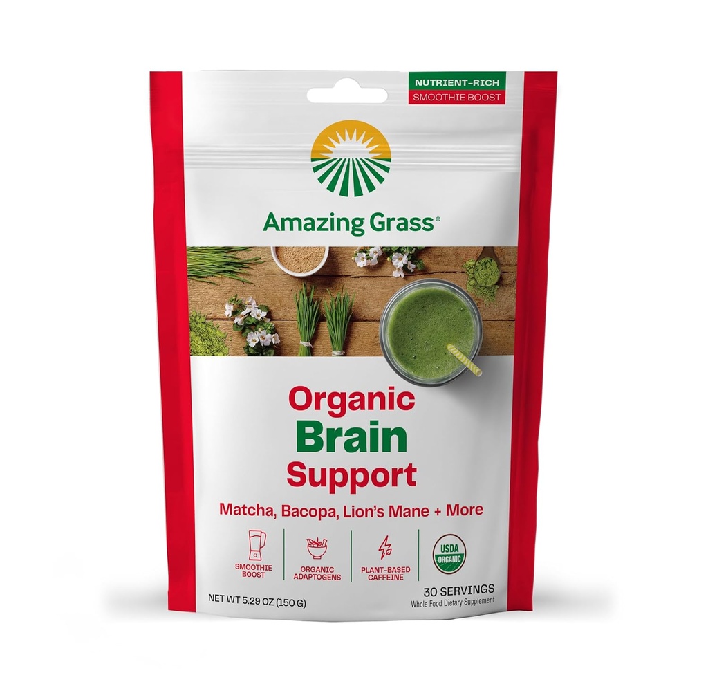 Amazing Grass Matcha Poudre pour le soutien et l'énergie du cerveau – Mélange de thé vert avec la crinière et les superaliments – à base végétale, sans sucre, smoothie ou mélange de latte pour Focus – 30 portions