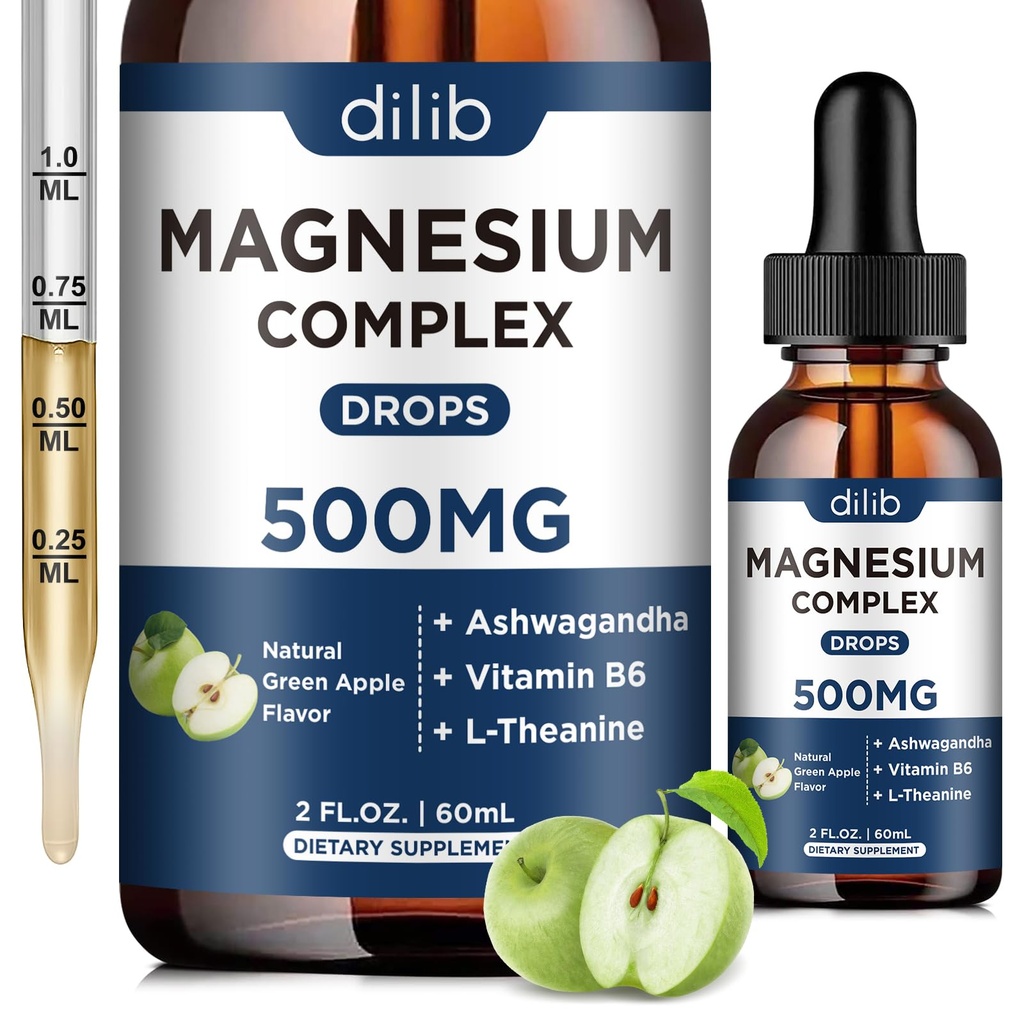 Triple Magnesium Complex Supplement-Magnesium Glycinate, Citrate, Malate Liquid Drops 500mg mit Ashwagandha, L-Theanin, B6 für Calm, Stress Relief, Schlaf, Muskelunterstützung-Green Apple Flavor