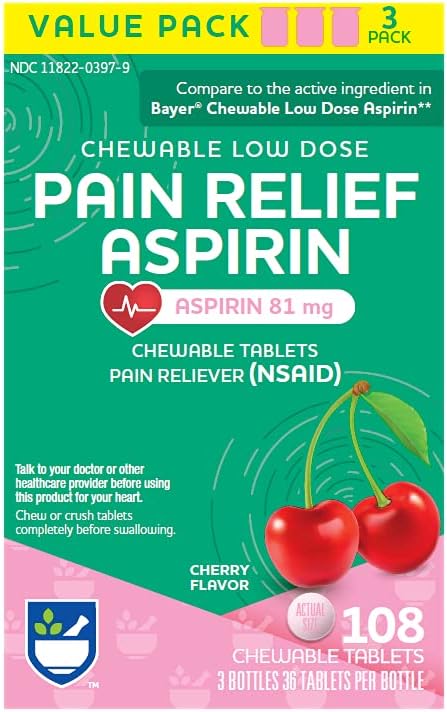Aspirine adulte à faible dose 81 mg, Comprimés à croustilles analgésiques, Saveur de cerise, 3 bouteilles, 36 Comptez chacune (108 Compte Total)