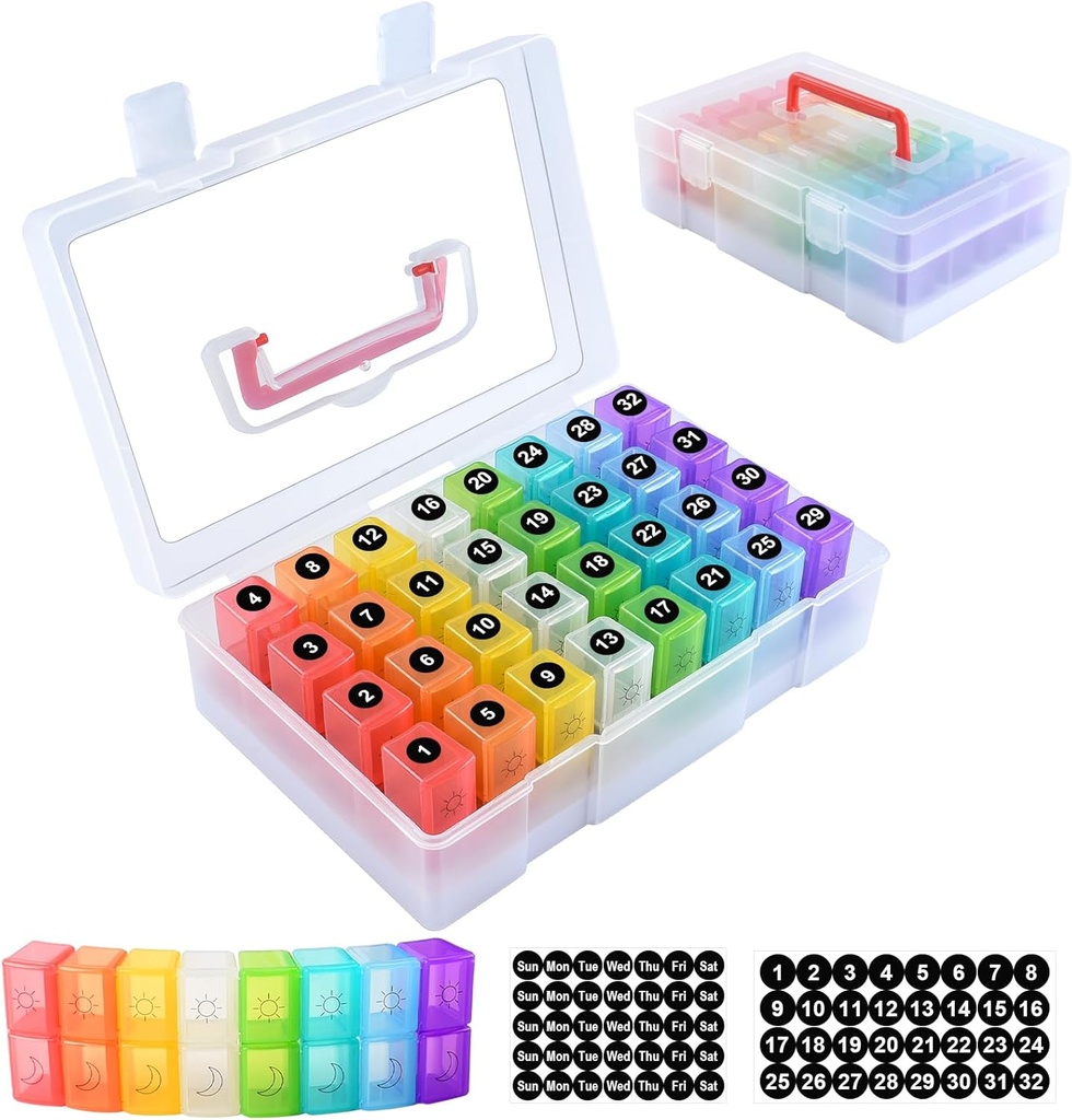 ZRFMIB Monthly Pill Organizer 2 fois par jour, 30 jours Pill Organizer with 32 Daily Pill Box and Travel Case, for Medicine, Vitamine, Fish Oil, Complements, Clear