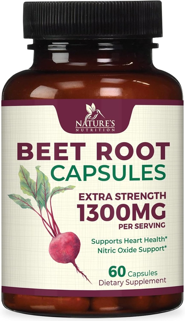 Beet Root Capsules 1300mg - Extra Strength Red Beetroot Powder Supplement – Unterstützt Nitric Oxide Produktion, Herzgesundheit & Natürliche Energie – Non-GMO, Vegan, Gluten Free – 60 Veggie Kapseln