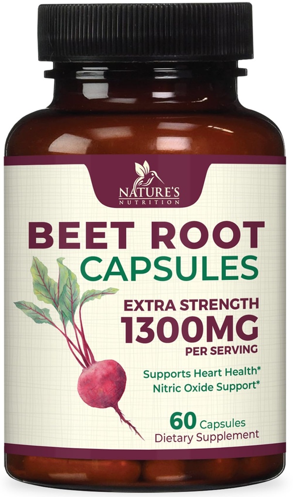 Capsules de racines de betteraves 1300mg - Supplément de poudre de betterave rouge extra-fort – soutient la production d'oxyde nitrique, la santé cardiaque et l'énergie naturelle – sans OGM, végétalien, sans gluten – 60 capsules de légumes