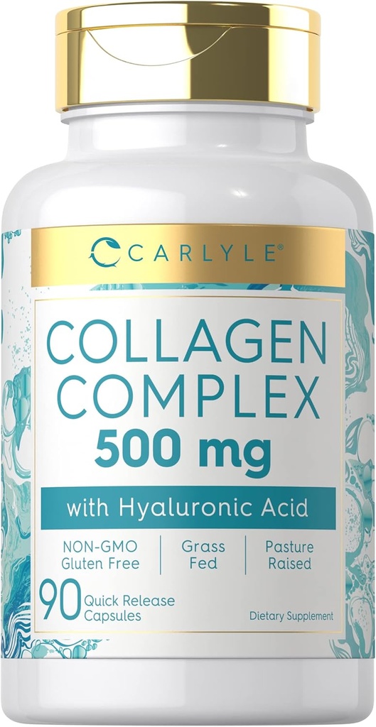 Carlyle Collagen Pillen mit Hyaluronsäure 500mg | 90 Kapseln | Hydrolysed Collagen Supplement | Non-GMO, Glutenfrei