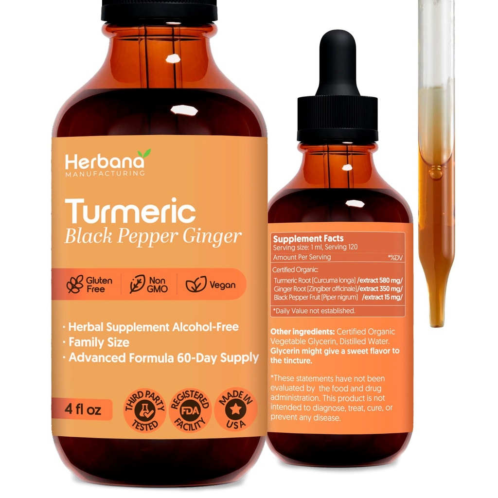 Extrait liquide 3-en-1 curcuma et gingembre, poivre noir - Supplément naturel à base de plantes - Teinture de booster immunitaire et cérébral (2 FL OZ)