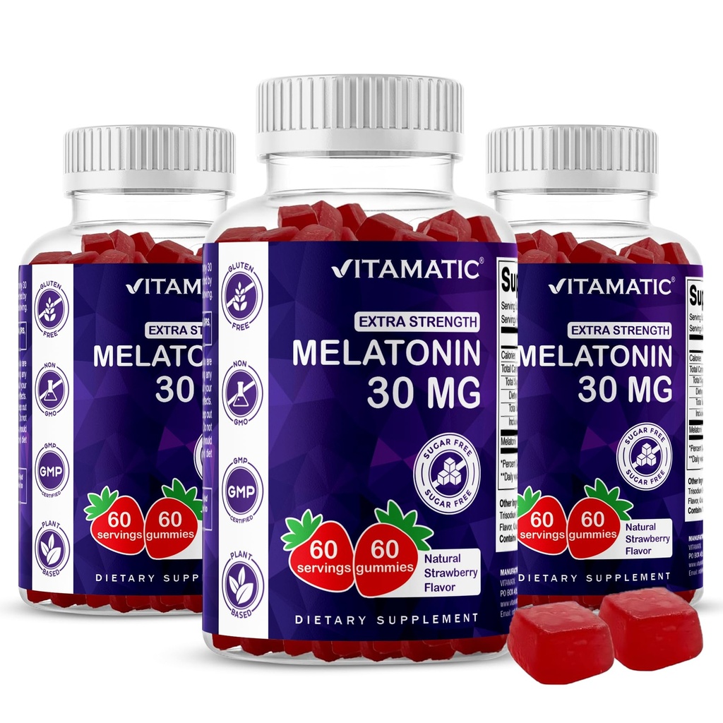 Vitamatic Sugar Free Melatonin 30mg pro Gummy - 60 Servietten - 60 Vegetarische Gummi - Non-Habit Forming Supplement (60 Count (Pack von 3))