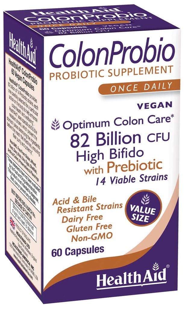 HealthAid ColonProbio 82 Billion mit Prebiotic, 14 Strains, Einmal täglich, 60ct, Optimum Colon Care, Säure & Bile Resistant, Dairy Free, Glutenfrei, Non-GMO, High Bifido