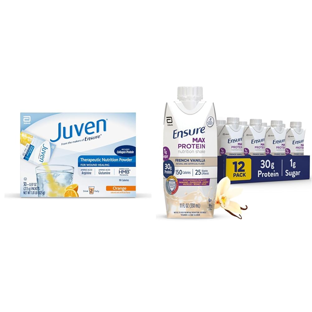 Juven Therapeutic Nutrition Drink Mix Powder for Wound Healing, 30 Compte + Assurer Max Protein Nutrition Shake, Vanille française, 12 Pack