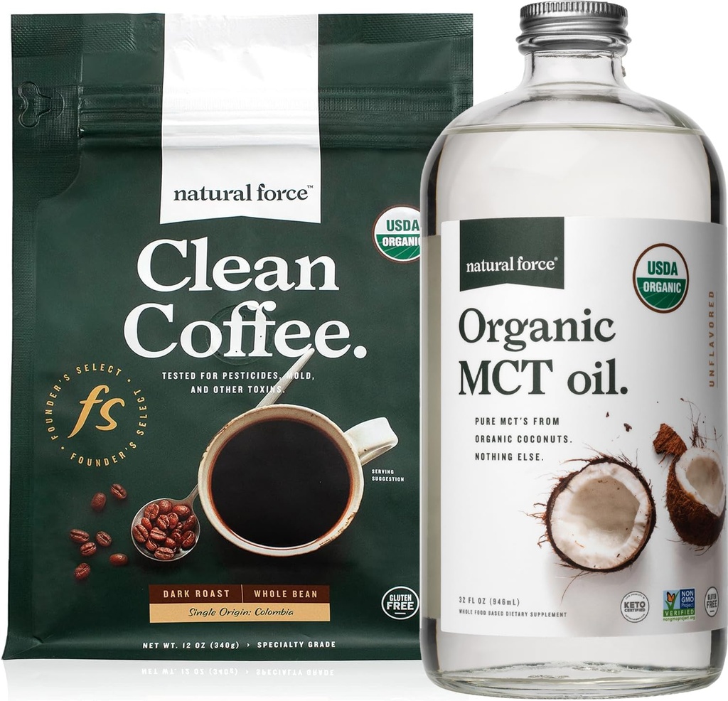 Natural Force Organic Dark Roast Clean Coffee + Organic MCT Oil Bundle – 100% reine Kokosnuss MCT & Mold & Mycotoxin Free Coffee – Non-GMO, Keto, Paleo und Vegan - 12 Oz und 32 Oz