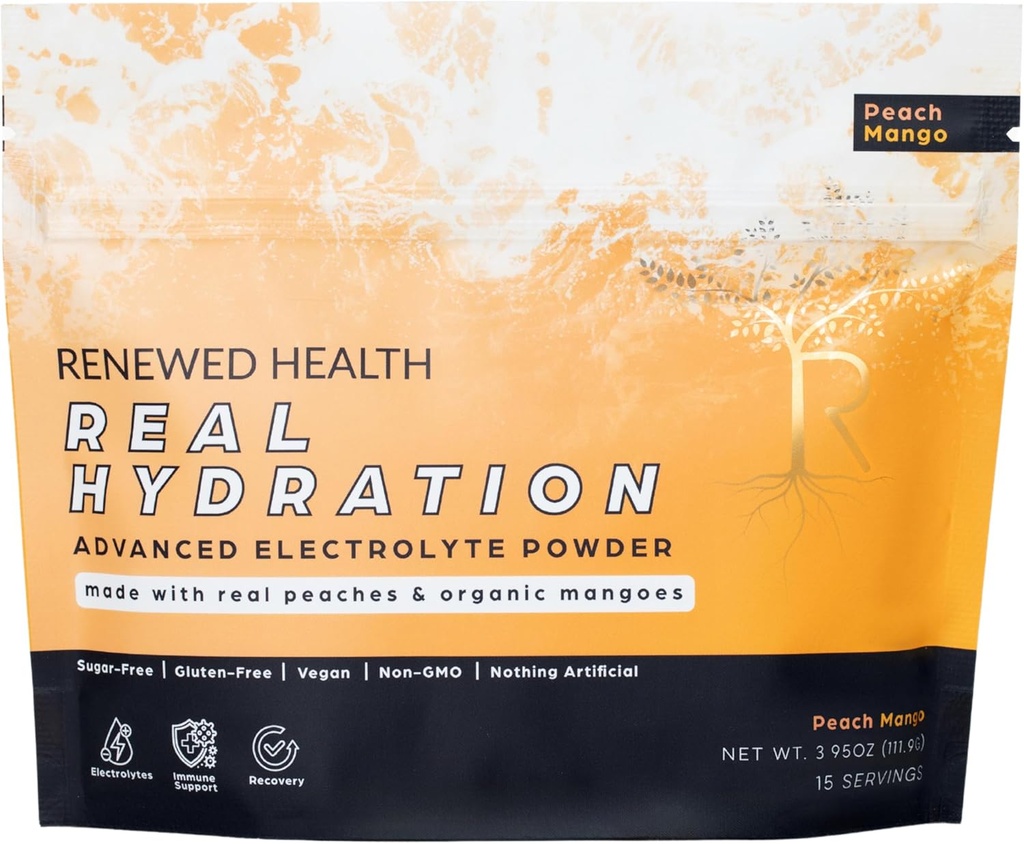 Hydratation réelle - Mélange d'électrolytes à base de fruits biologiques - Fabriqué avec des fruits biologiques et du sel rose - Zéro sucre et végétalien - Hydratation, Immune & Recovery Support (15 portions, la mangue pêche)