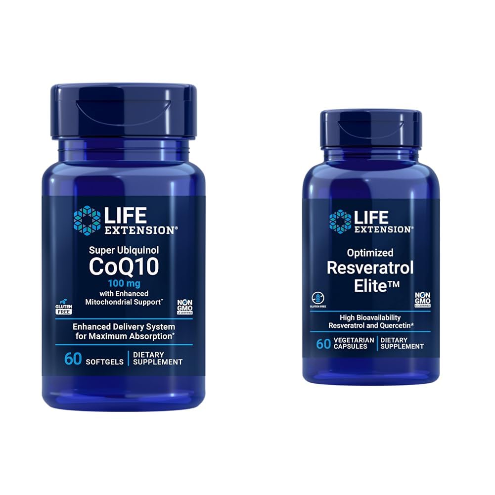 Extension de vie Super Ubiquinol CoQ10 60 Softgels et le Resveratrol optimisé Elite 60 Capsules végétariennes Bundle
