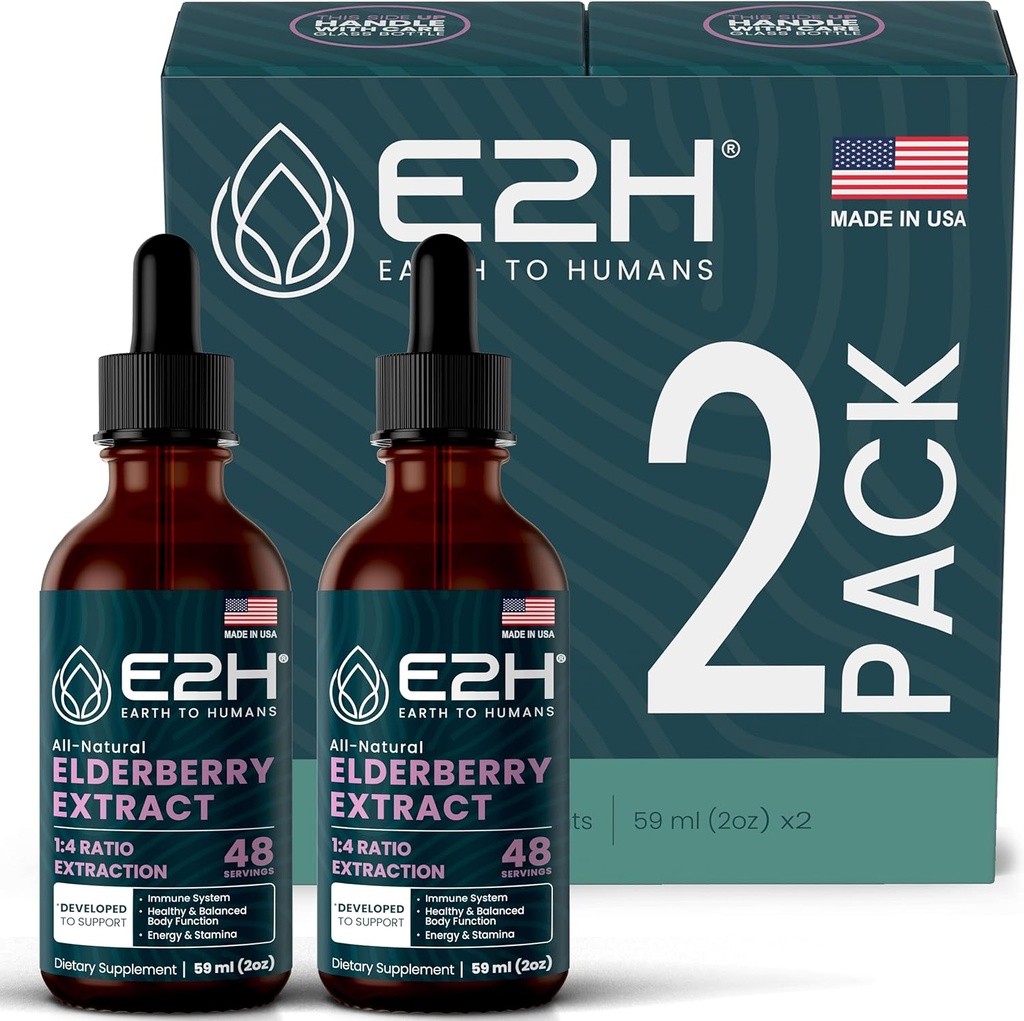 E2H Elderberry Syrup – Leistungsstarke Antioxidantien Ergänzung aus Bio-Erdbeeren Extrakt – Sambucus Elderberry Syrup für Kinder & Erwachsene für Immununterstützung | Non-GMO, Vegan (2 Flaschen)