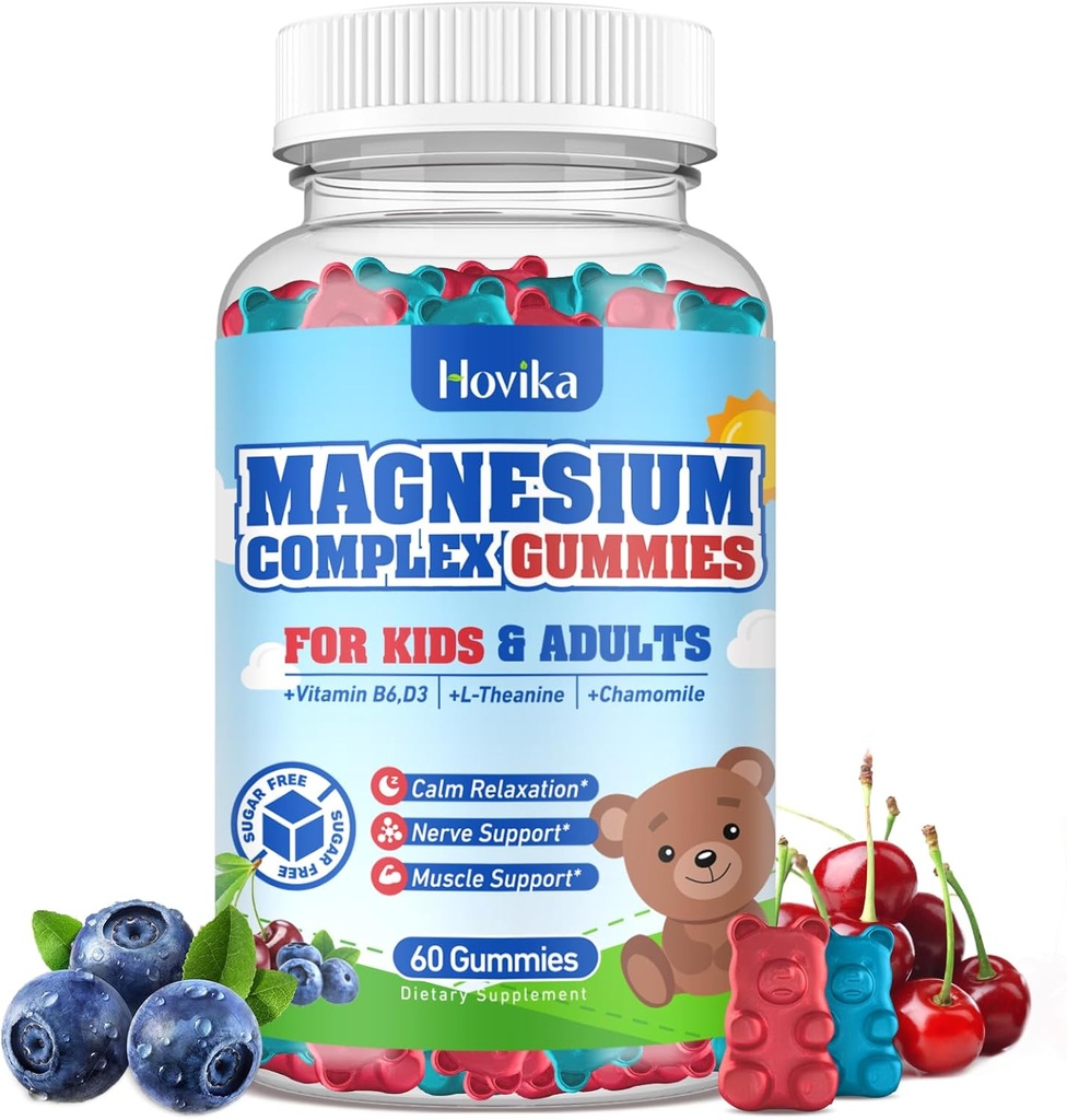 Kinder Magnesium Gummi - Magnesium Glycinate Citrate Kaubare Ergänzung mit Vitamin B6, D3, Passion Flower, L-theanine - Zuckerfreies ruhiges Magnesium für Kinder & Erwachsene Schlaf, Stimmung, Entspannung, 60 Chews