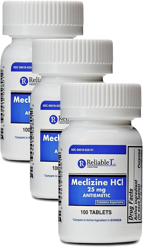 Meclizine HCL 25mg 100 comprimés (1 bouteille) (emballage de 3)