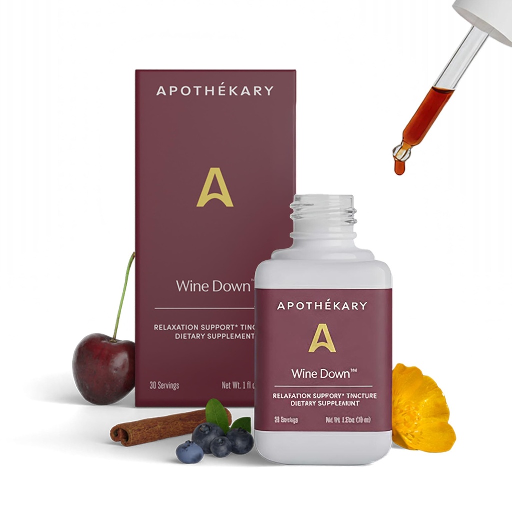 Apothékary Wine Down, Natural Sleep and Relaxation Support, Alcohol-Free Red Wine-Inspired Herbal Liquid Drops, Consists of Blue Vervain, Tart Cherry, und California Poppy, 1 Unze, 30 Servierungen