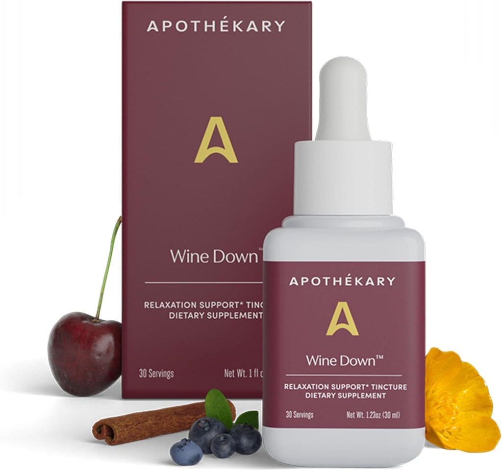 Apothékary Wine Down, Natural Sleep and Relaxation Support, Alcohol-Free Red Wine-Inspired Herbal Liquid Drops, Consists of Blue Vervain, Tart Cherry, und California Poppy, 1 Unze, 30 Servierungen