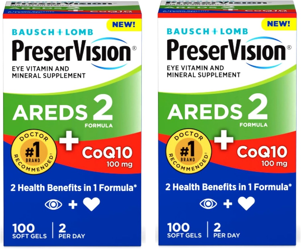 PreserVision Eye Vitamin & Mineral Supplement AREDS 2 Formel + CoQ10, 2-in-1-Gesundheitsvorteile, 100 Softgel (2 pro Tag) Paket von 2