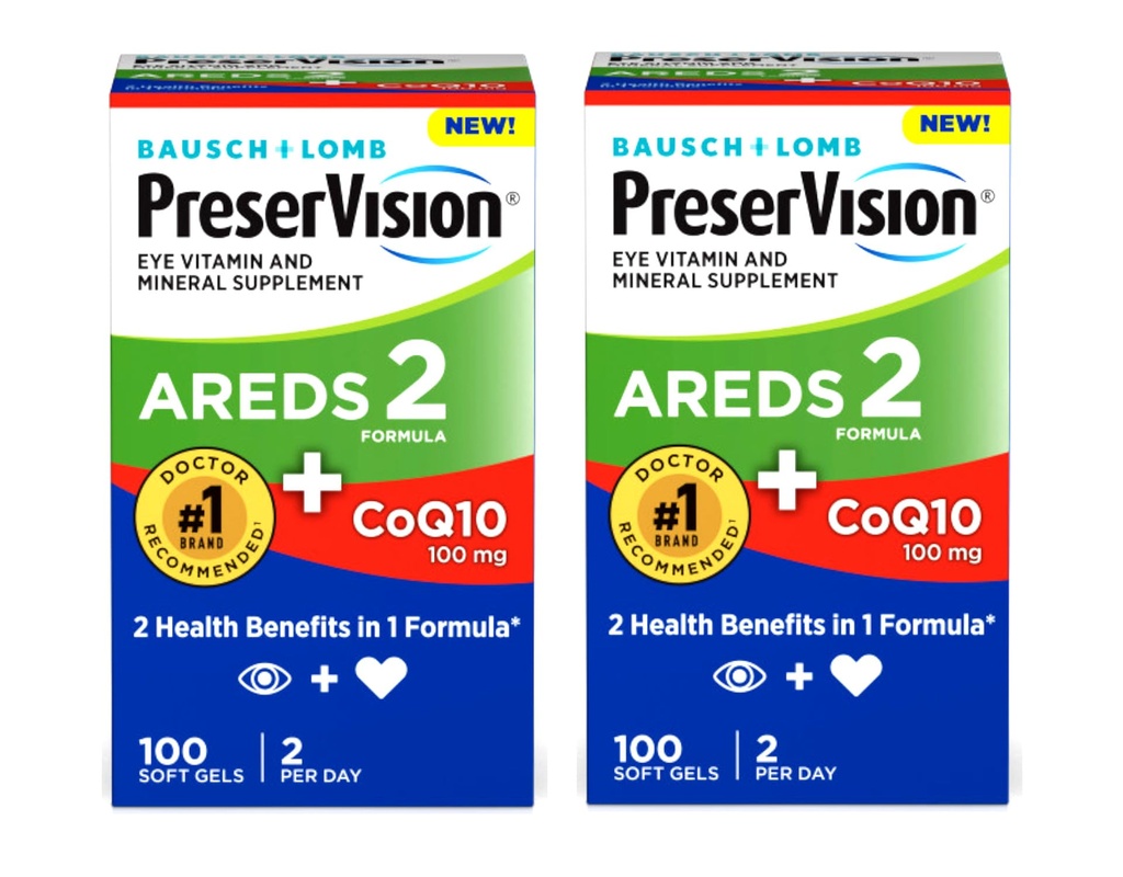 PreserVision Vitamine et supplément minéral AREDS 2 Formule + CoQ10, 2-en-1 Prestations de santé, 100 Softgels (2 par jour) Pack de 2