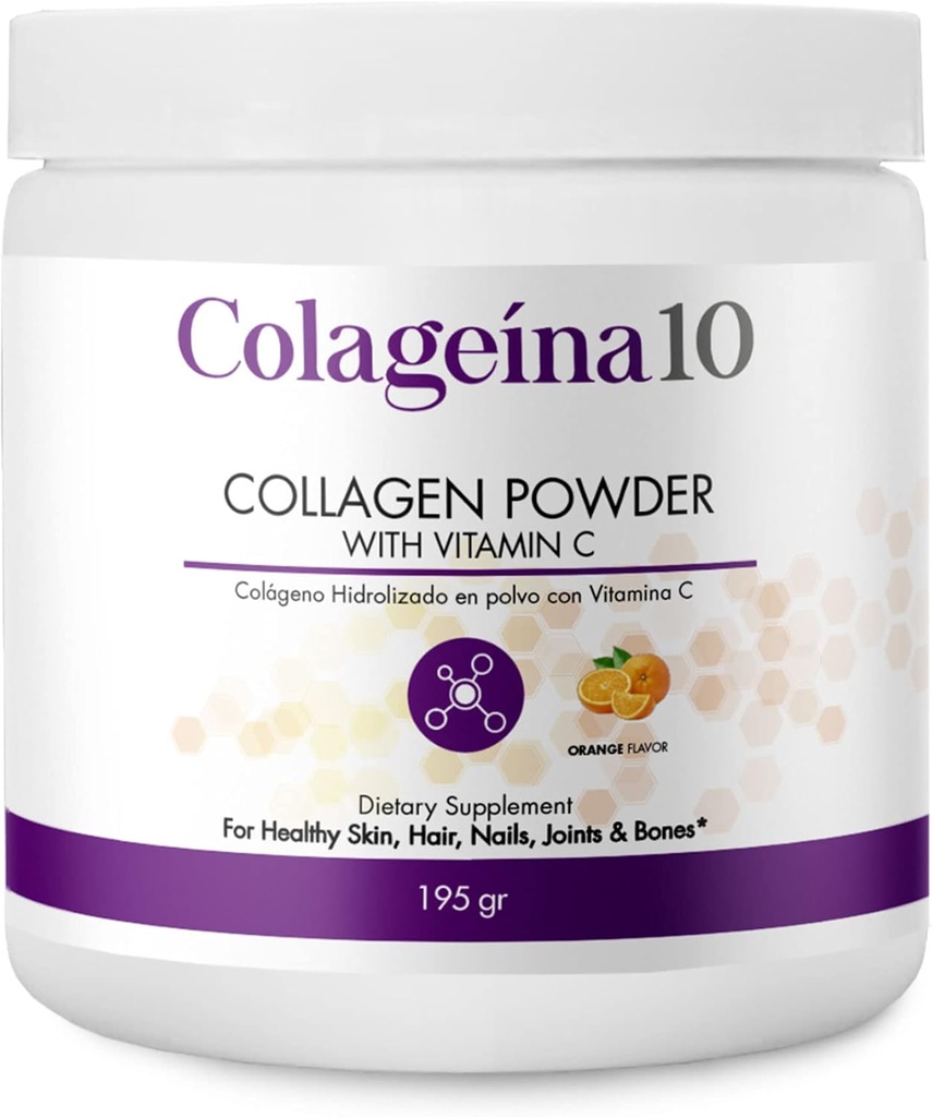 Colageina 10 hydrolysiertes Kollagenpulver mit Vitamin C (195 gr) - Orange Flavor - Anti-Aging Nahrungsergänzungsmittel für gesunde Haut, Haare, Nägel, Gelenke und Knochen