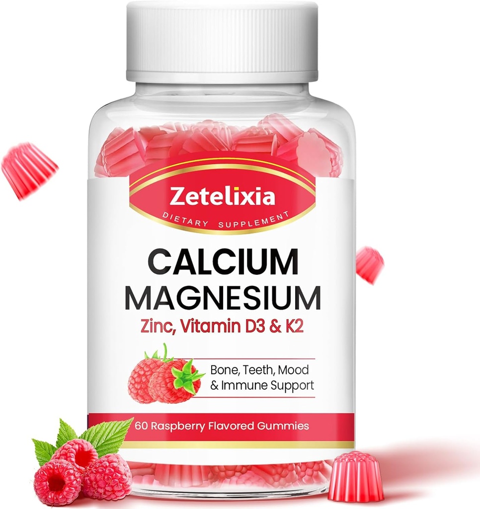 Calcium Magnesium Zink-Gummien mit Vitamin D3 & K2, Kalzium-Gummien für B0nes Muskeln, Frauen & Männer, Himbeer Geschmack - 60 Zähler