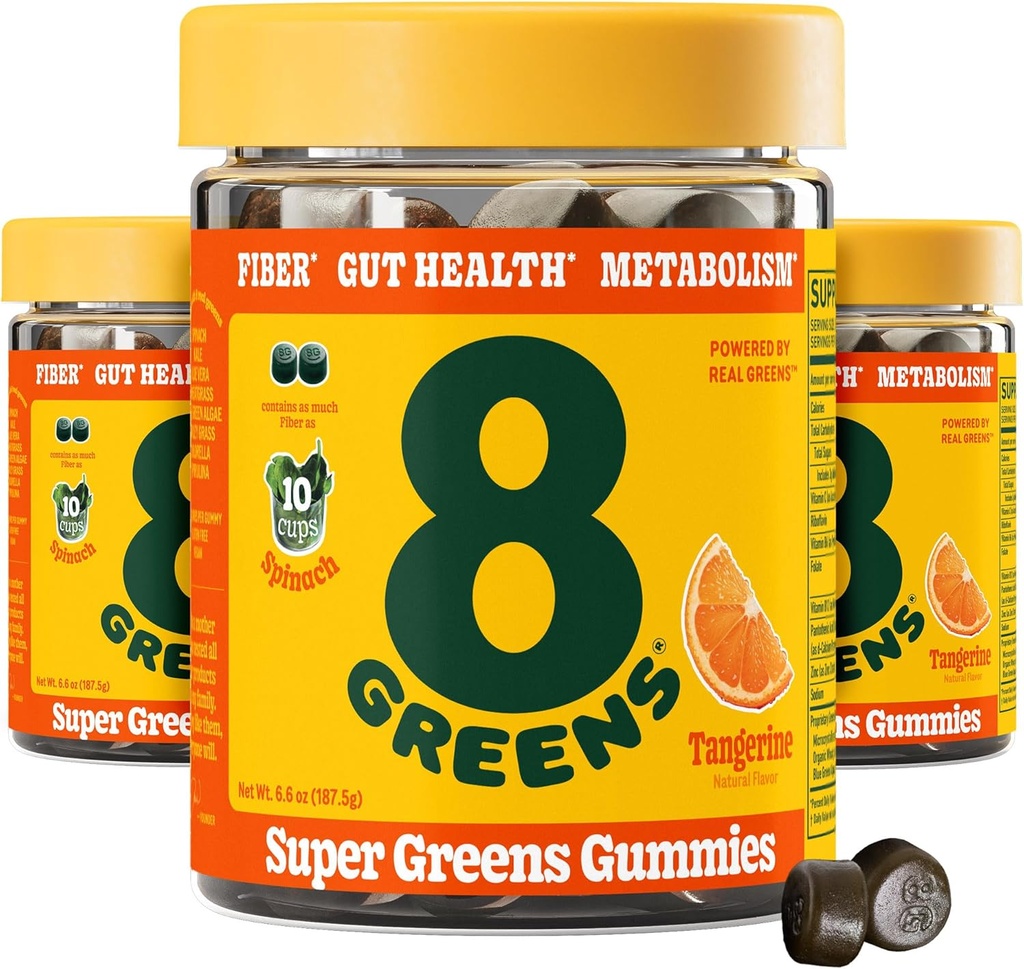 8Greens Daily Fiber Super Greens Gummi - Tangerine Geschmack: Boost Immunsystem & Verdauungsgesundheit mit 8 Real Greens - Non-GMO-Formel, Chewables, 50 Gummis, Packung mit 3