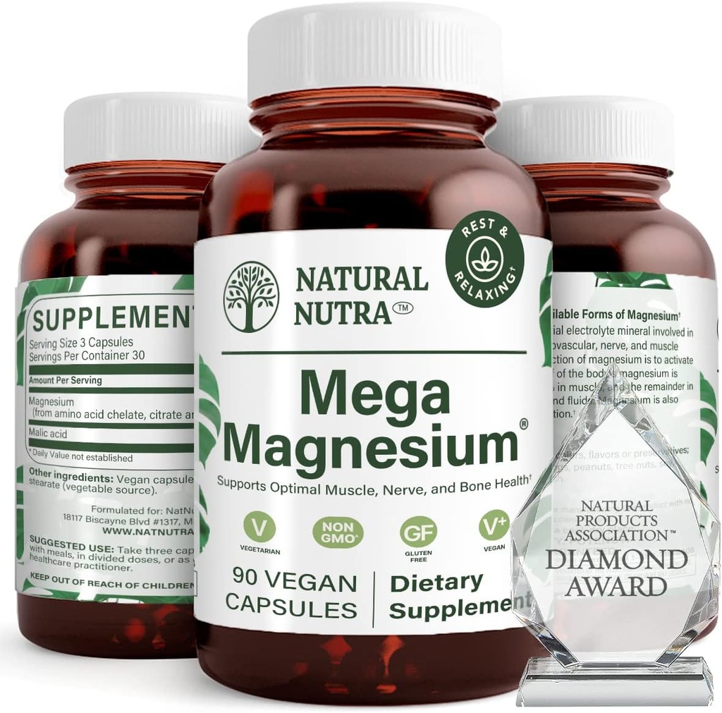 Natural Nutra Mega Magnesium 400mg Supplement - Hohe Absorption Aminosäure Chelat, Citrat, Malate Blend für Muskelwachstum, Knochenstärke, Herzgesundheit, Nervenunterstützung - 90 Kapseln (Pack von 2)
