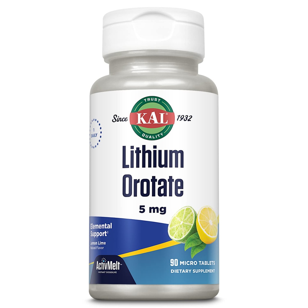 KAL Lithium Orotate ActivMelt 5mg, Chelat Lithium für optimale Absorption und Bioverfügbarkeit, Gesunde Mood-Unterstützung, natürliche Lemon Lime Flavor, Instant Dissolve Tablets, 90 Servietten, 90 Micro Tablets