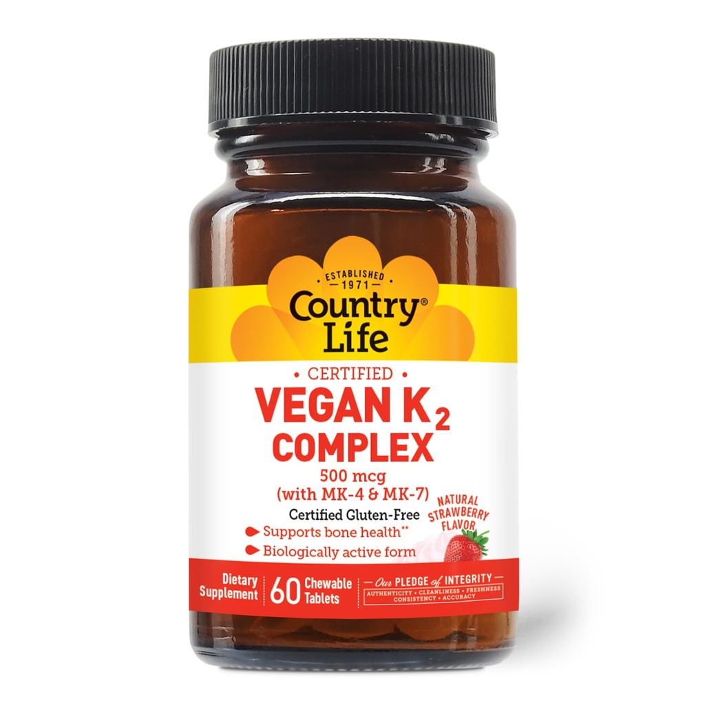 Country Life® Vegan K2-500 mcg, 60 Ct. Comprimés à croquer. Saveur de fraise - Sans gluten certifié - Vegan certifié par AVA – pour soutenir la santé des os